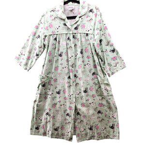 Cozee Corner Flannel Nightgown Womens L Cat Print Green Cat‎ Lady Floral